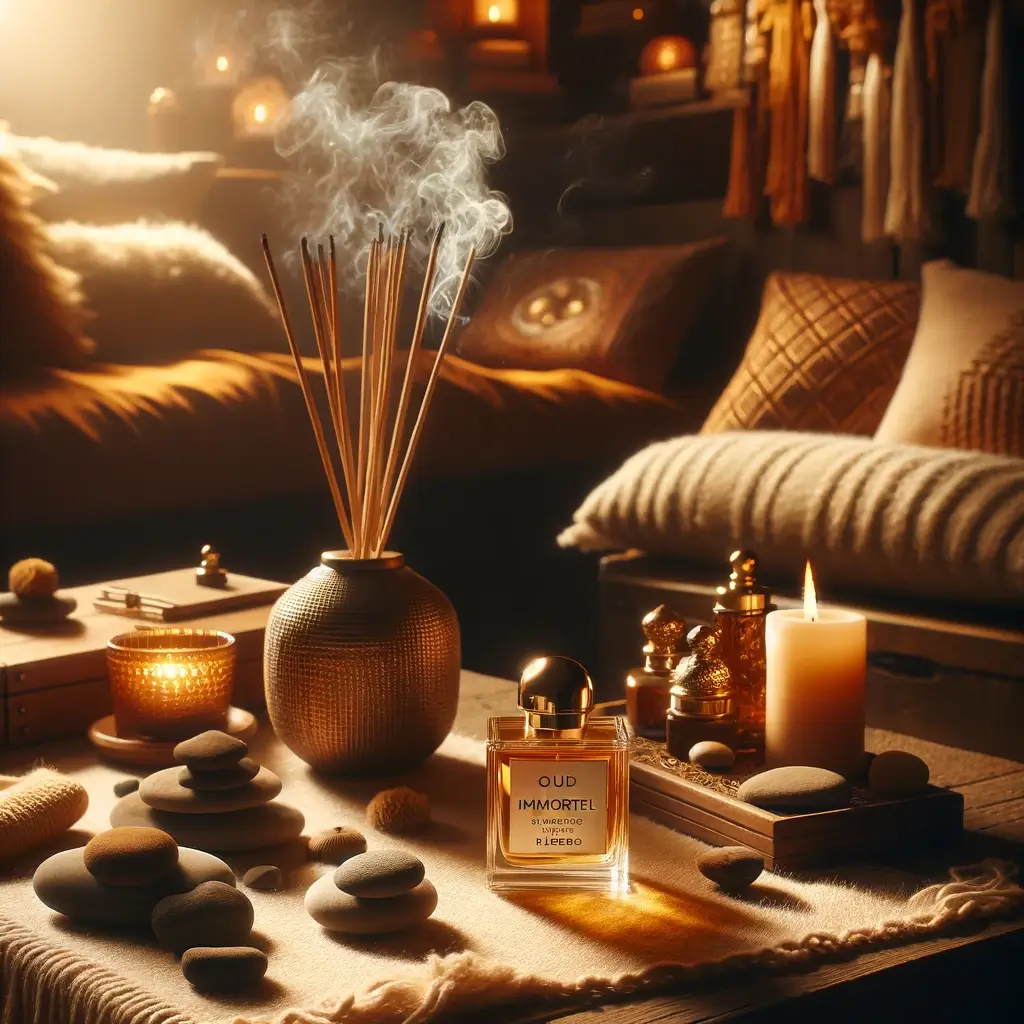 A warm, inviting scene with a bottle of Byredo Oud Immortel perfume surrounded by gently smoking incense sticks. The atmosphere is cozy, with soft