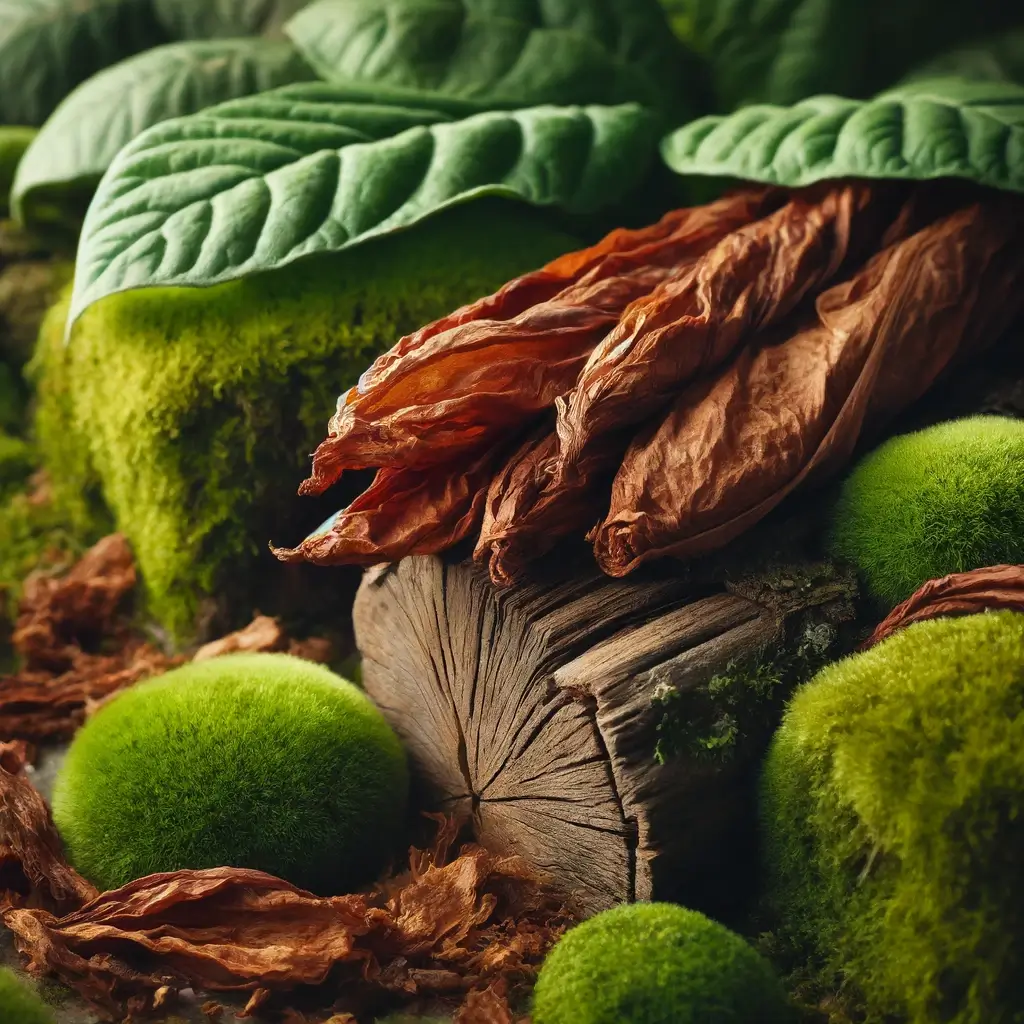 A close-up image featuring tobacco leaves, moss, and wood. The tobacco leaves are rich brown, slightly curled with visible veins. The moss is vibrant 