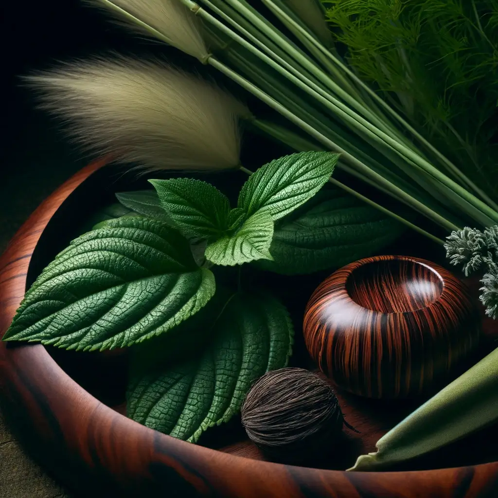 A close-up image featuring patchouli leaves, papyrus, and Brazilian rosewood. The patchouli leaves are deep green with a slightly jagged edge and a ve